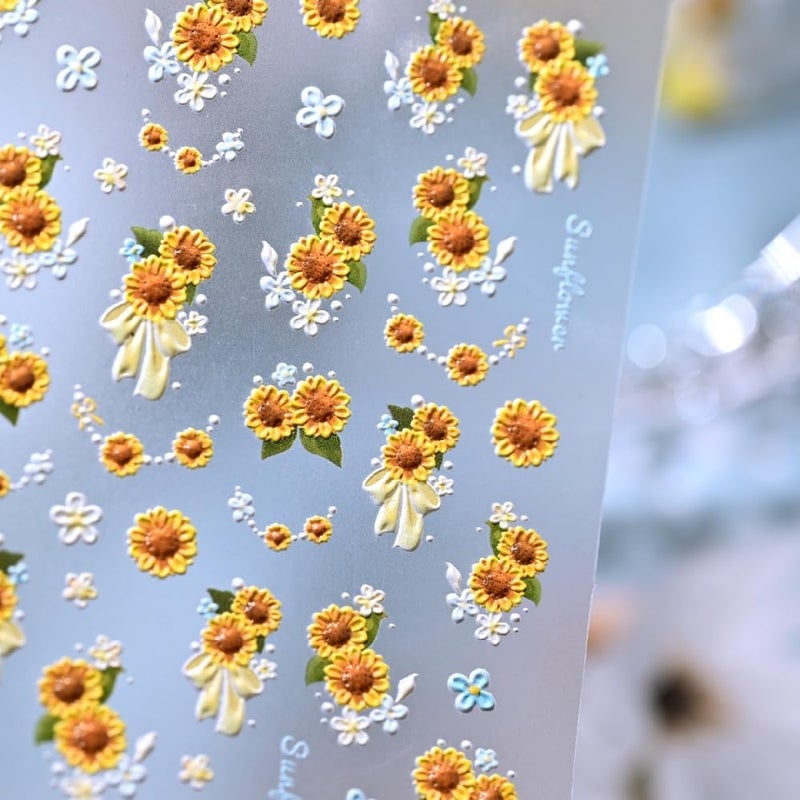 Sevgob Flower Nail Stickers 5D Embossed Sunflower Floral Nail Decals Glossy Yellow Nail Designs White Daisy Nails Supplies Self Adhesive Spring Summer Nails Art Stickers for Women Girls DIY Manicure 1 Sheet - Image 2