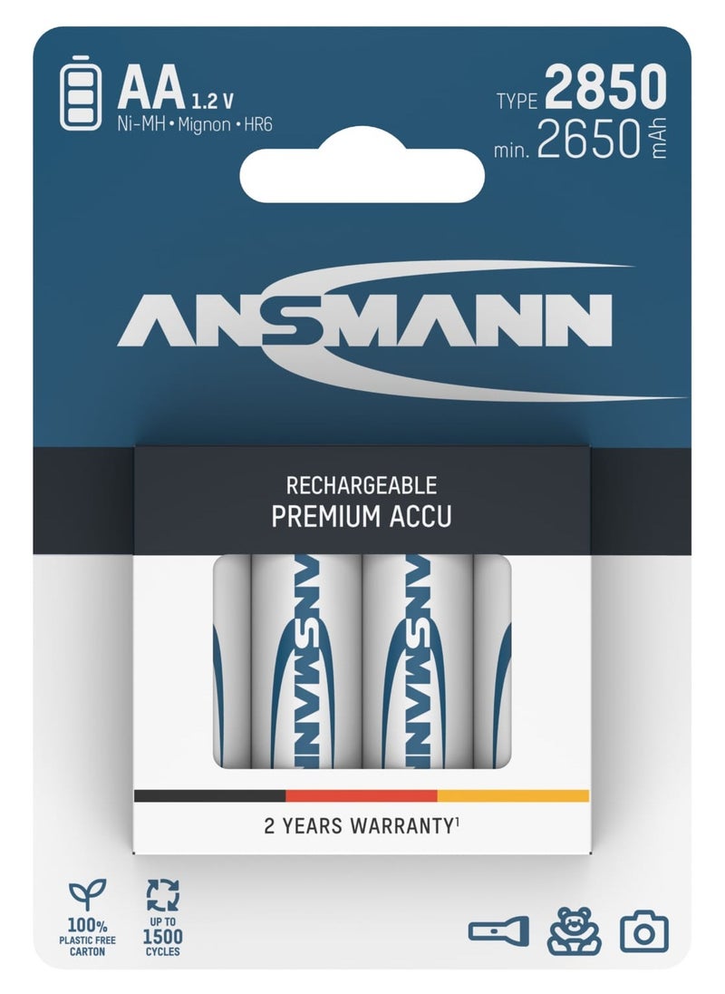 ANSMANN - Battery AA Type 2850Mah Nimh 1.2V - Mignon AA Batteries Rechargeable, With High Capacity Ideal For High Power Requirements Such As Controllers, Photo Flash, Flashlight (4 Pieces) Charging Cycles< 1000 - Image 1