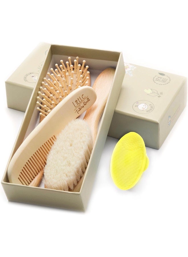 Little Tinkers World Wooden Baby Hair Brush and Comb Set (4-Piece) for Newborns and Toddlers | Ideal for Baby Cradle Cap | Wood Bristles Baby Massage and Scalp Brush | Perfect for Baby Registry Gift Set - Image 1
