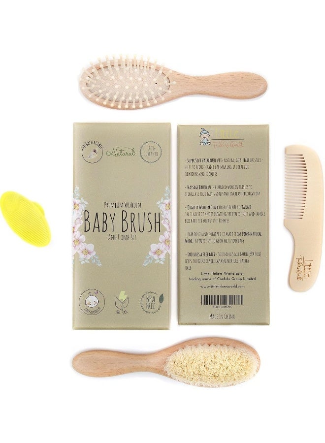 Little Tinkers World Wooden Baby Hair Brush and Comb Set (4-Piece) for Newborns and Toddlers | Ideal for Baby Cradle Cap | Wood Bristles Baby Massage and Scalp Brush | Perfect for Baby Registry Gift Set - Image 3