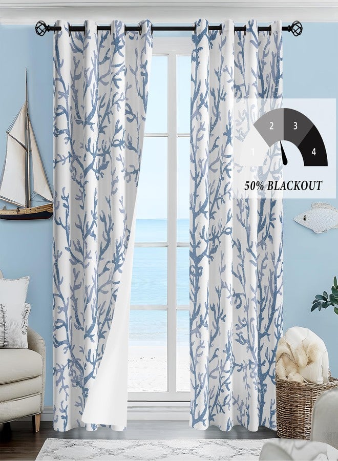 weesire Nautical Coastal Coral Curtains Tree Branch Botanical Pattern Painting Blackout Room Thermal Insulated Window Curtains 2 Panels Bedroom Hall Patio Door 52x63, Gray Blue - Image 2