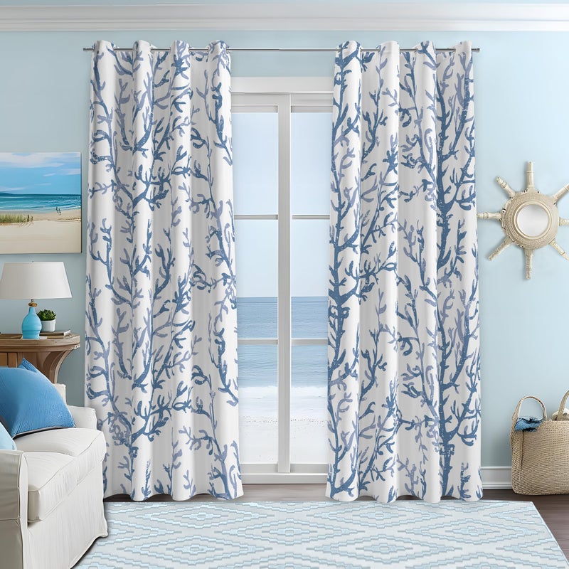 weesire Nautical Coastal Coral Curtains Tree Branch Botanical Pattern Painting Blackout Room Thermal Insulated Window Curtains 2 Panels Bedroom Hall Patio Door 52x63, Gray Blue - Image 1