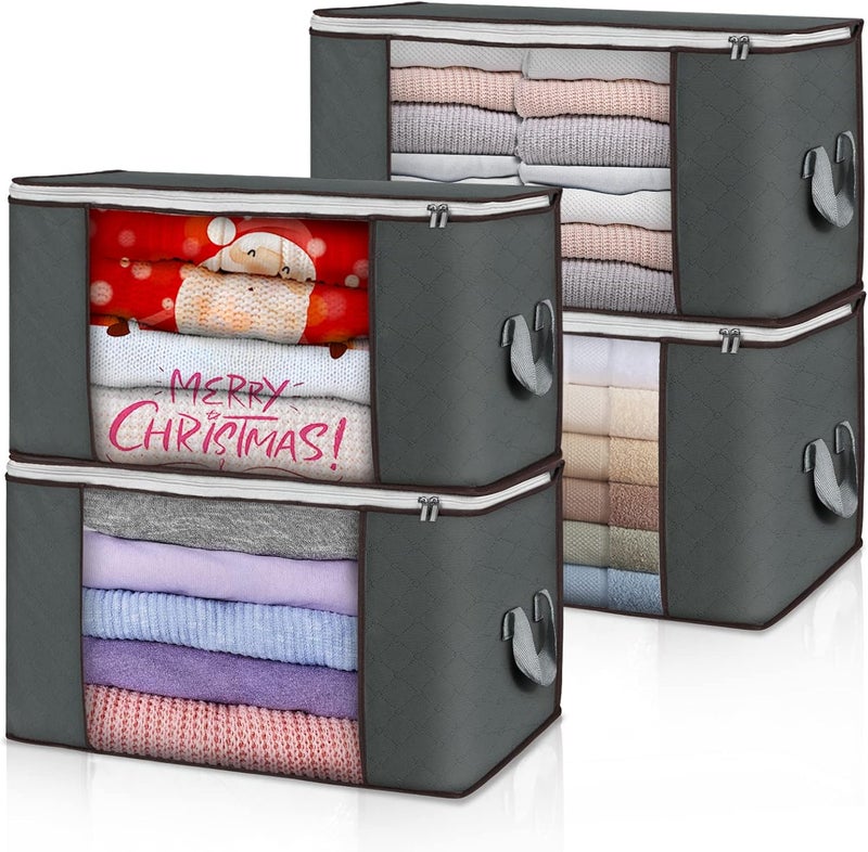 Budding Joy Budget friendly trendy design Pack of 4 90 L Storage Bags, Storage Boxes with Lid, Large, Moving Boxes, Foldable Underbed Storage Box for Clothes, Duvets and Bedding, Clothes Storage Boxes (Grey) Simple multi-feature practical build - Image 1