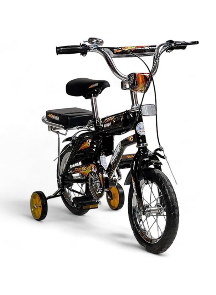 رامبو دراجة رامبو فري ستايل للاطفال من البدر مع مقعد قابل للتعديل، دراجة رامبو للاطفال مقاس 12 انش للاطفال من سن 3-7 سنوات مع مقعد خلفي للراكب، دراجة اطفال مع فرامل يدوية وعجلتين تدريب وامضتين - Image 2