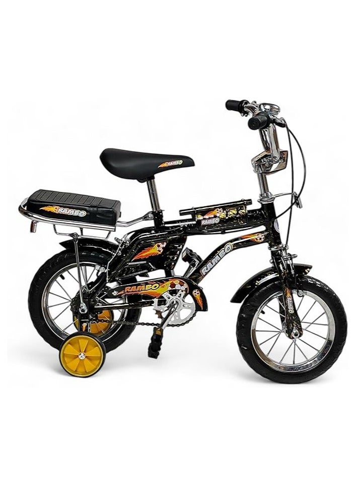رامبو دراجة رامبو فري ستايل للاطفال من البدر مع مقعد قابل للتعديل، دراجة رامبو للاطفال مقاس 12 انش للاطفال من سن 3-7 سنوات مع مقعد خلفي للراكب، دراجة اطفال مع فرامل يدوية وعجلتين تدريب وامضتين - Image 1