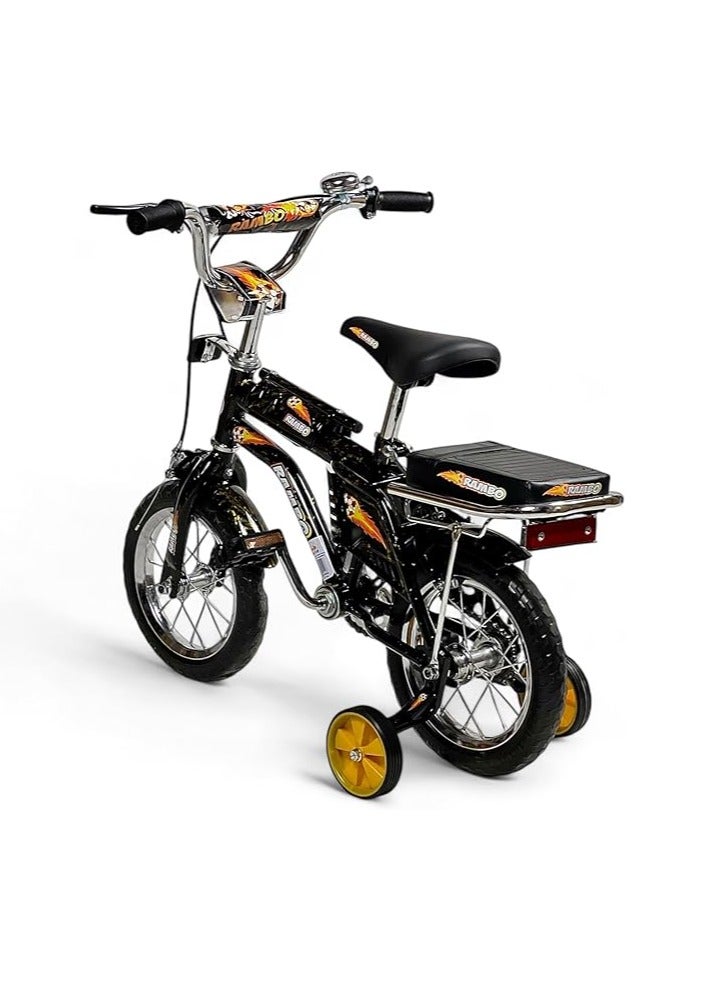 رامبو دراجة رامبو فري ستايل للاطفال من البدر مع مقعد قابل للتعديل، دراجة رامبو للاطفال مقاس 12 انش للاطفال من سن 3-7 سنوات مع مقعد خلفي للراكب، دراجة اطفال مع فرامل يدوية وعجلتين تدريب وامضتين - Image 3