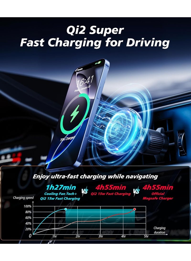 for Qi2 15W MagSafe Car Mount Charger with Cooling Fan, Rapid Charging Cooler with rgb Lights, 78LBS Stronger Suction Wireless Magnetic Mount on Vent,Dash,Windshield, for iPhone 16 15 14 13 12 - Image 4