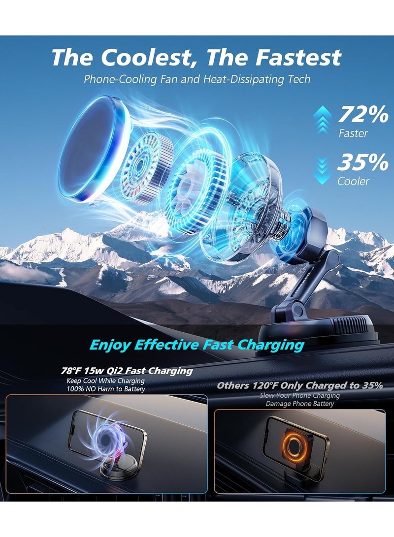 for Qi2 15W MagSafe Car Mount Charger with Cooling Fan, Rapid Charging Cooler with rgb Lights, 78LBS Stronger Suction Wireless Magnetic Mount on Vent,Dash,Windshield, for iPhone 16 15 14 13 12 - Image 3