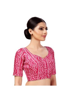 Studio Shringaar Studio Shringaar Women's Polyester Elbow Length Sleeves Bandhani Print Silky Saree Blouse(Rani, 36)  - Image 3