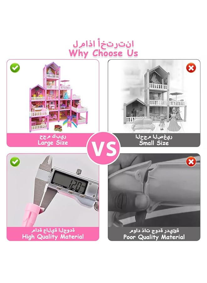 Doll House Building Toy Play Dream Furniture Dollhouse Playset Toddler Playhouse Diy Building Pink Barbie Dreamhouse Girls Gift With Light Strip 4Dolls 2Princess Pretend Play Toy 278Pcs - Image 5