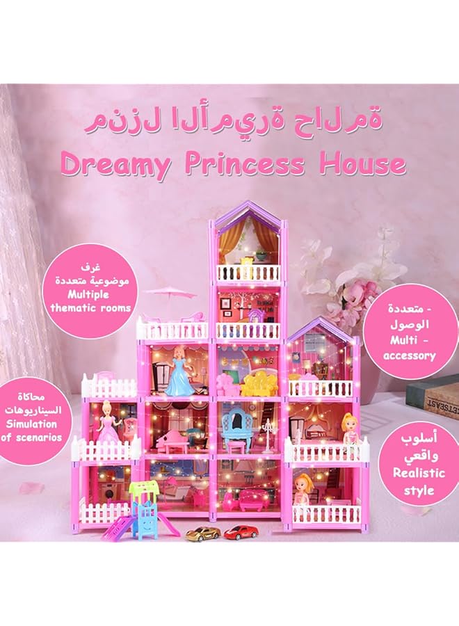 Doll House Building Toy Play Dream Furniture Dollhouse Playset Toddler Playhouse Diy Building Pink Barbie Dreamhouse Girls Gift With Light Strip 4Dolls 2Princess Pretend Play Toy 278Pcs - Image 4