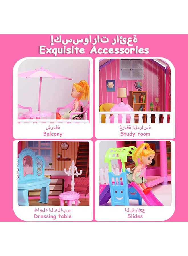 Doll House Building Toy Play Dream Furniture Dollhouse Playset Toddler Playhouse Diy Building Pink Barbie Dreamhouse Girls Gift With Light Strip 4Dolls 2Princess Pretend Play Toy 278Pcs - Image 3