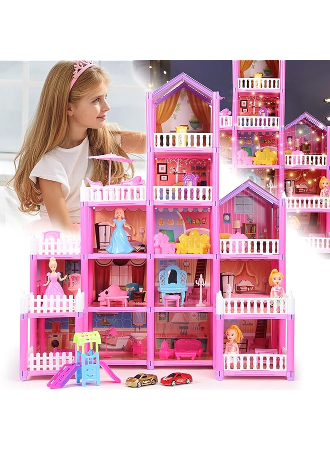 Doll House Building Toy Play Dream Furniture Dollhouse Playset Toddler Playhouse Diy Building Pink Barbie Dreamhouse Girls Gift With Light Strip 4Dolls 2Princess Pretend Play Toy 278Pcs - Image 1