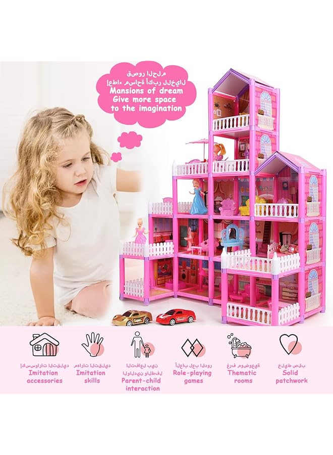 Doll House Building Toy Play Dream Furniture Dollhouse Playset Toddler Playhouse Diy Building Pink Barbie Dreamhouse Girls Gift With Light Strip 4Dolls 2Princess Pretend Play Toy 278Pcs - Image 2