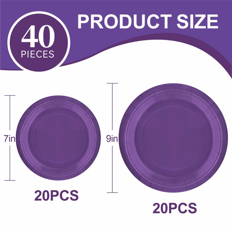 Aixuler 40Pcs Disposable Paper Plates Purple Including 20pcs 9"" and 20pcs 7"" Plates Strong and Sturdy Disposable Plates for Party  Dinner  Holiday  Picnic Birthday Party  Dinner Table  Wedding - Image 2