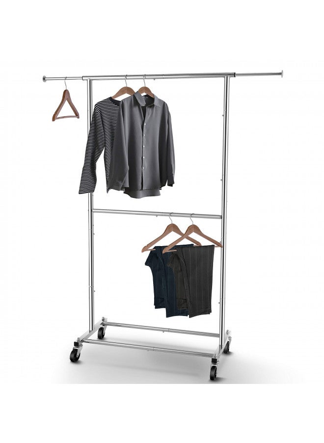 Simple Trending Simple Trending Double Rod Clothing Garment Rack, Rolling Clothes Organizer on Wheels for Hanging Clothes, Chrome - Image 1
