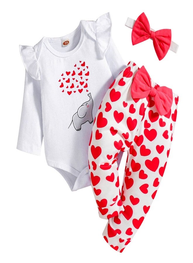 FOCICI Baby Girl Valentines Outfit 3-6 Month Infant Clothes Love Elephant Romper Top + Heart Pants Cute Bow Headband 3pc Set Red 3-6 Months - Image 1
