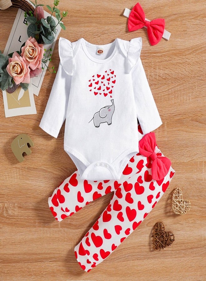 FOCICI Baby Girl Valentines Outfit 3-6 Month Infant Clothes Love Elephant Romper Top + Heart Pants Cute Bow Headband 3pc Set Red 3-6 Months - Image 2