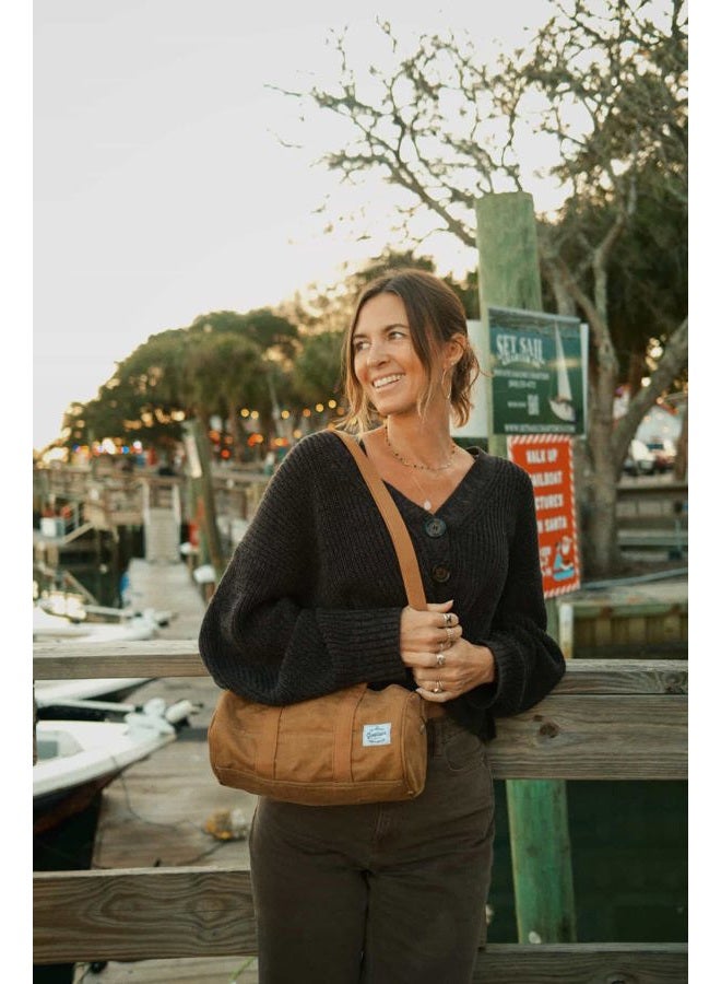 GOOTIUM Compact Crossbody Bag – Canvas Shoulder Bag & Travel Organizer – Vintage Cylinder Style Mini Tote, Small Barrel Bag, Camel, Small, Barrel Style Crossbody Bag - Image 4