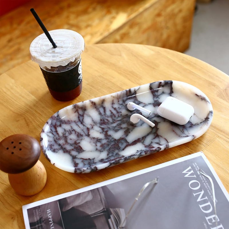DUANYAN Natural Marble Tray, Coffee Table, Food, Fruit, Paper Cup, Cake Display, Coffee bar, Family Gatherings, Seasonal Holiday Decoration Tray(Viola-oval-11 x5 x0.7) - Image 4