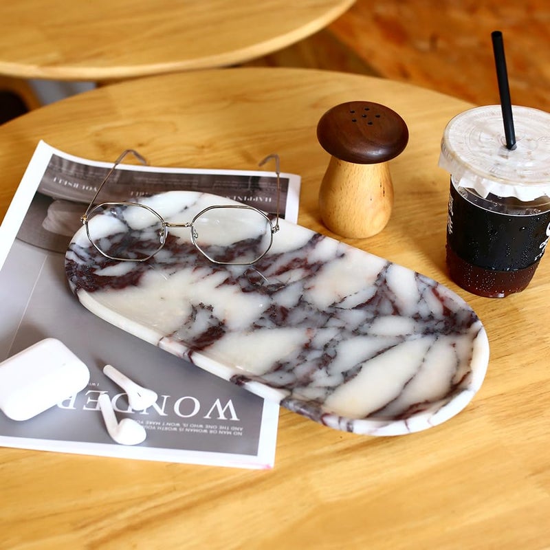 DUANYAN Natural Marble Tray, Coffee Table, Food, Fruit, Paper Cup, Cake Display, Coffee bar, Family Gatherings, Seasonal Holiday Decoration Tray(Viola-oval-11 x5 x0.7) - Image 5