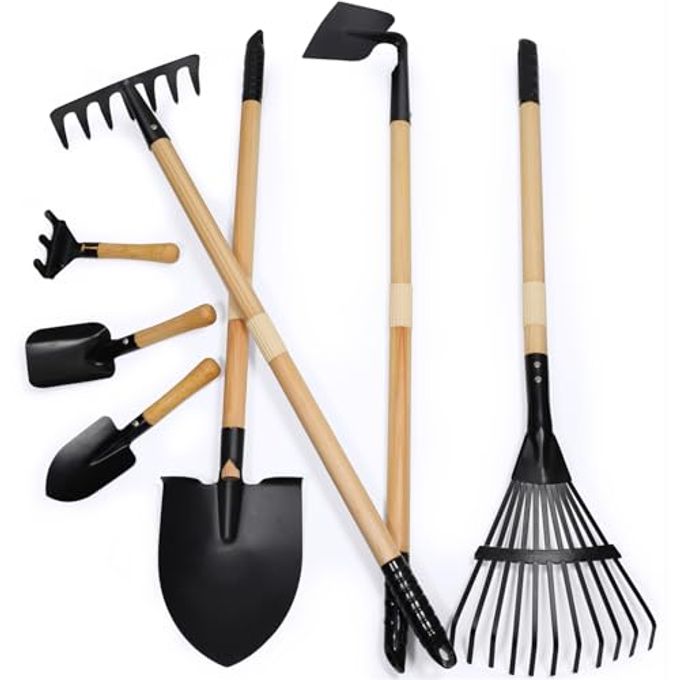 CHEERBANK 7PCS Kids Gardening Tools Long Shovel Rake for Leaves Spade Hoe Steel Heads Real Wood Handle Yard Tools for Children Toddlers Gifts