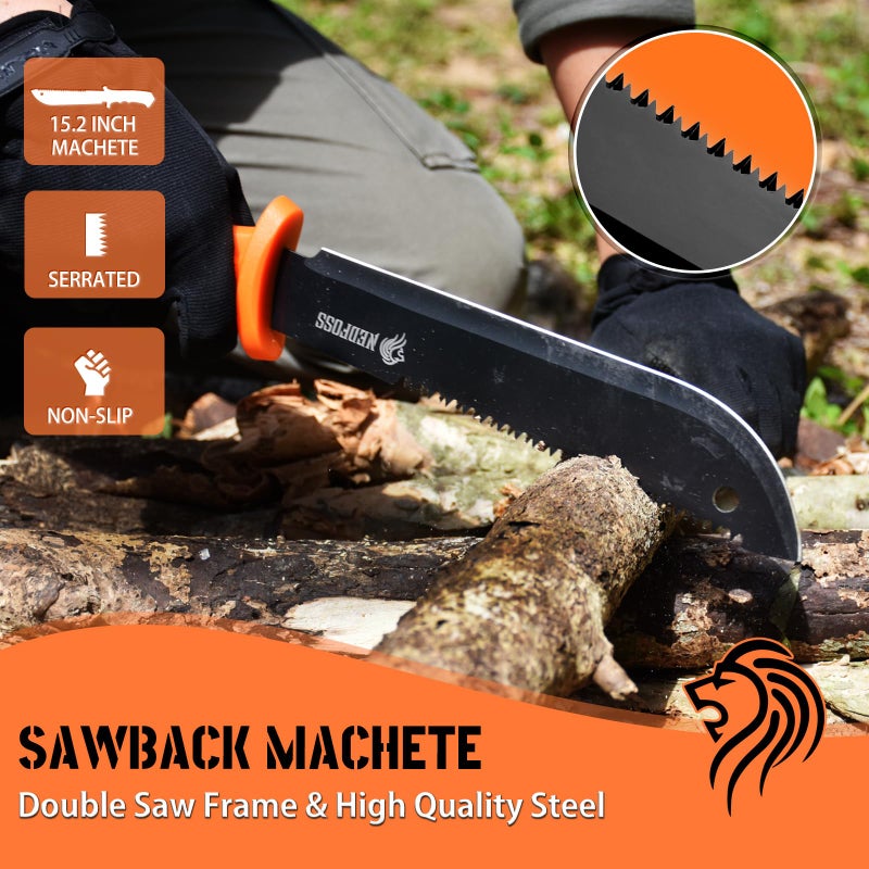 NedFoss 15" Machete, 10" Hatchet with Sheath, Fixed Blade Hunting Knife with Sheath, Camping Hatchet with Shock Reduction Handle, Machete for Cutting Trees, for Yard Work, Clearing Brush - Image 3