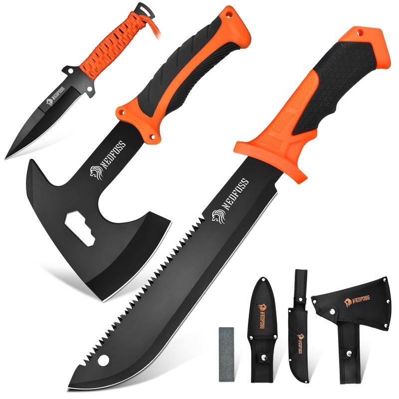 NedFoss 15" Machete, 10" Hatchet with Sheath, Fixed Blade Hunting Knife with Sheath, Camping Hatchet with Shock Reduction Handle, Machete for Cutting Trees, for Yard Work, Clearing Brush - Image 1