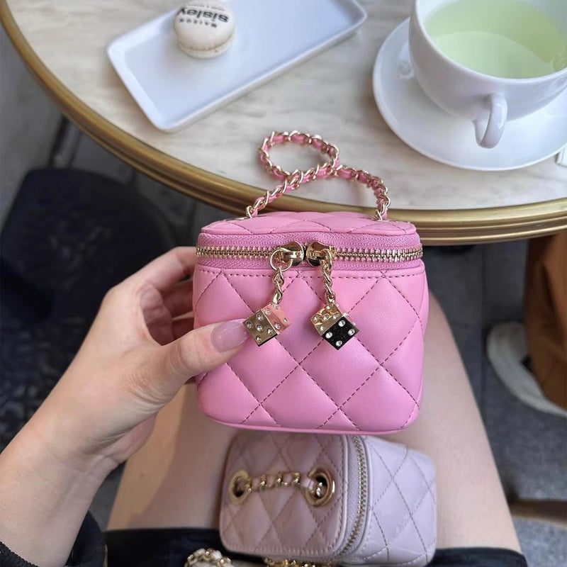 2026 Spring/Summer Korean Style Pink Mini Quilted Chain Crossbody Bag - Image 1