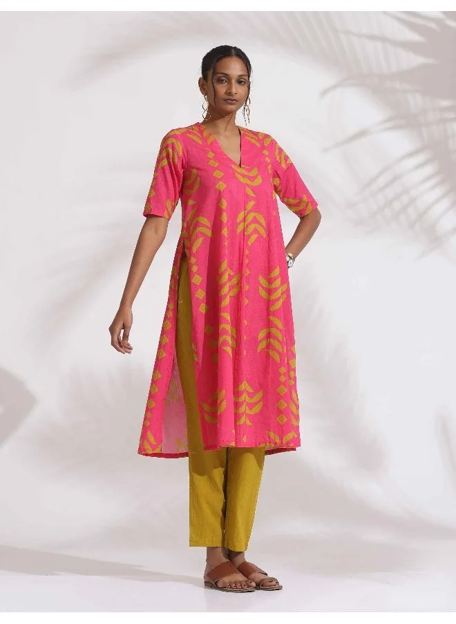 ترو برونز trueBrowns Pink Cotton Print A-line Kurta Set