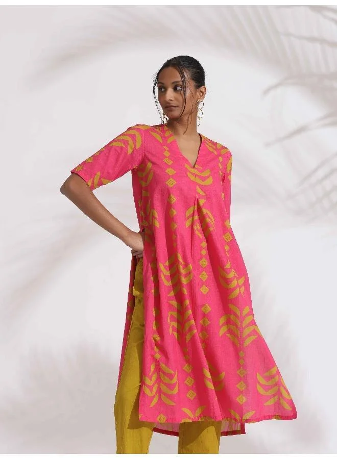 ترو برونز trueBrowns Pink Cotton Print A-line Kurta Set