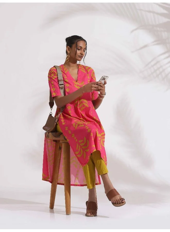ترو برونز trueBrowns Pink Cotton Print A-line Kurta Set