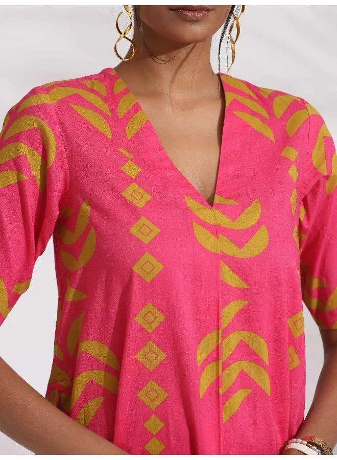 ترو برونز trueBrowns Pink Cotton Print A-line Kurta Set