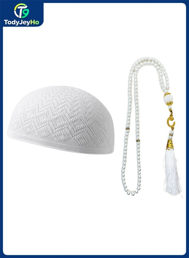 TodyJeyHo Muslim prayer hat prayer bead set for men and women, Islamic prayer beads, hand woven elastic Taqiyah hat, Ramadan gift, white - Image 1