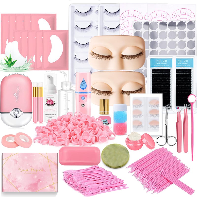 DNSGOOR Lash Extension Kit Professional Eyelash Extensions Supplies Training for Beginners Mannequin Head Grafting Lash USB Fan Lash Shampoo Brush Spraye 007D Curl Mix 815mm Practice Eyelash Strips