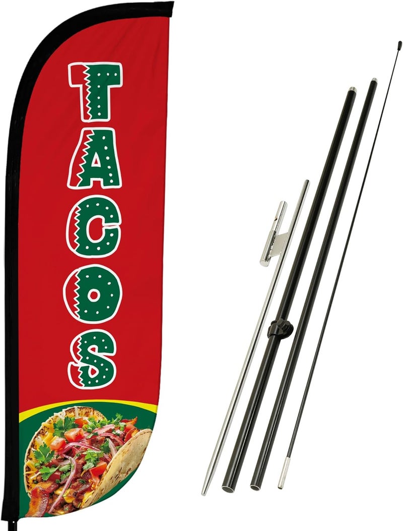 LookOurWay LookOurWay Feather Flag Pole Kit  7 Feet Tall Advertising Banner with Fiberglass Pole Set and Ground Spike for Business Promotion  Mexican Food Flags  Tacos  - Image 1