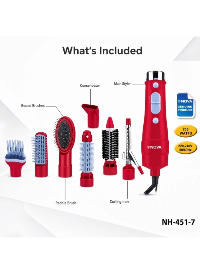 NOVA NH-451-7 7-in-1 Hair Styler, 700W Multi-Function Hair Styling Kit with 7 Attachments, Red - Image 3