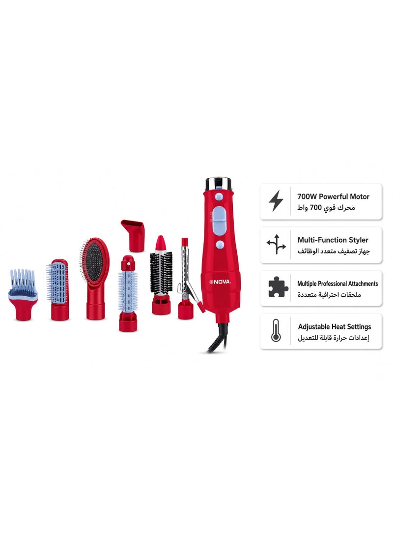 NOVA NH-451-7 7-in-1 Hair Styler, 700W Multi-Function Hair Styling Kit with 7 Attachments, Red - Image 4
