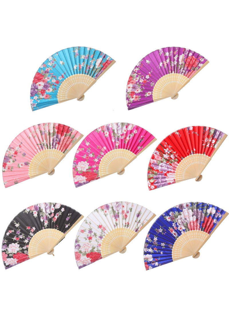 BABEYOND BABEYOND 8pcs Floral Folding Hand Fan Vintage Handheld Satin Folding Fan with Different Flower Patterns Fabric Folding Fan for Wedding Dancing Party Color Random Selected with Wooden Ribs 