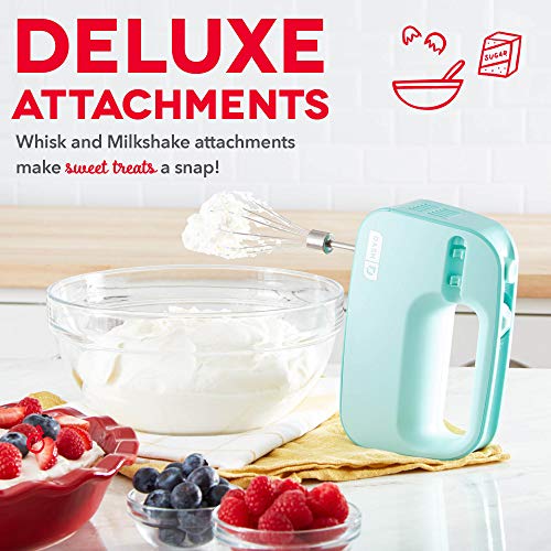 Dash SmartStore™ Deluxe Compact Electric Hand Mixer + Whisk and Milkshake Attachment for Whipping, Mixing Cookies, Brownies, Cakes, Dough, Batters, Meringues & More, 3 Speed, 150-Watt – Aqua - Image 3