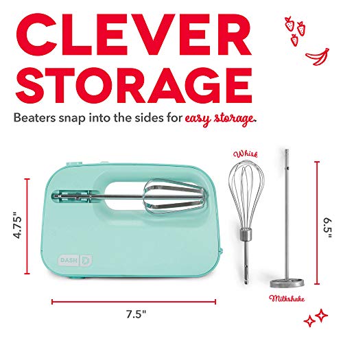 Dash SmartStore™ Deluxe Compact Electric Hand Mixer + Whisk and Milkshake Attachment for Whipping, Mixing Cookies, Brownies, Cakes, Dough, Batters, Meringues & More, 3 Speed, 150-Watt – Aqua - Image 5