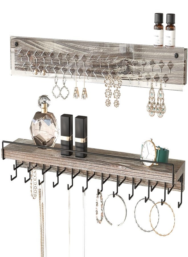 J JACKCUBE DESIGN Wall Mount Necklace Holder Jewelry Hanger with 23 Hook Necklace & Bracelet Racks, Rustic Farmhouse Wood Earring Display with Clear Acrylic - MK585A - Image 1