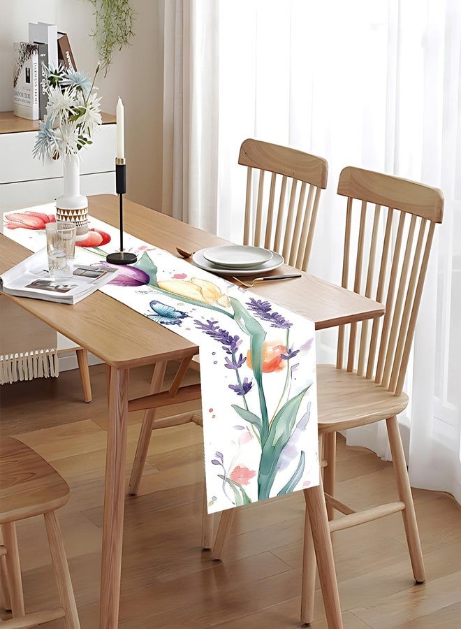 THISFIND Elegant Hand-Painted Watercolor Floral Table Runner – Spring Tulip & Lavender Design with Butterflies – Soft, Romantic Dining Table Decor - Image 5