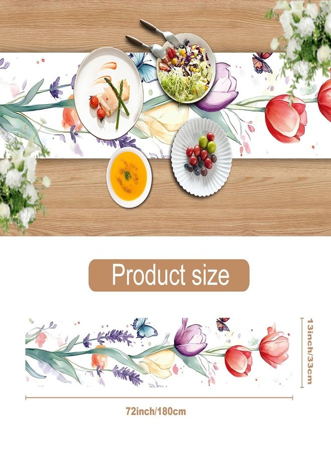 THISFIND Elegant Hand-Painted Watercolor Floral Table Runner – Spring Tulip & Lavender Design with Butterflies – Soft, Romantic Dining Table Decor - Image 3