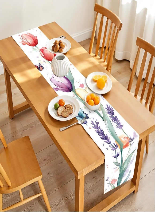 THISFIND Elegant Hand-Painted Watercolor Floral Table Runner – Spring Tulip & Lavender Design with Butterflies – Soft, Romantic Dining Table Decor - Image 2
