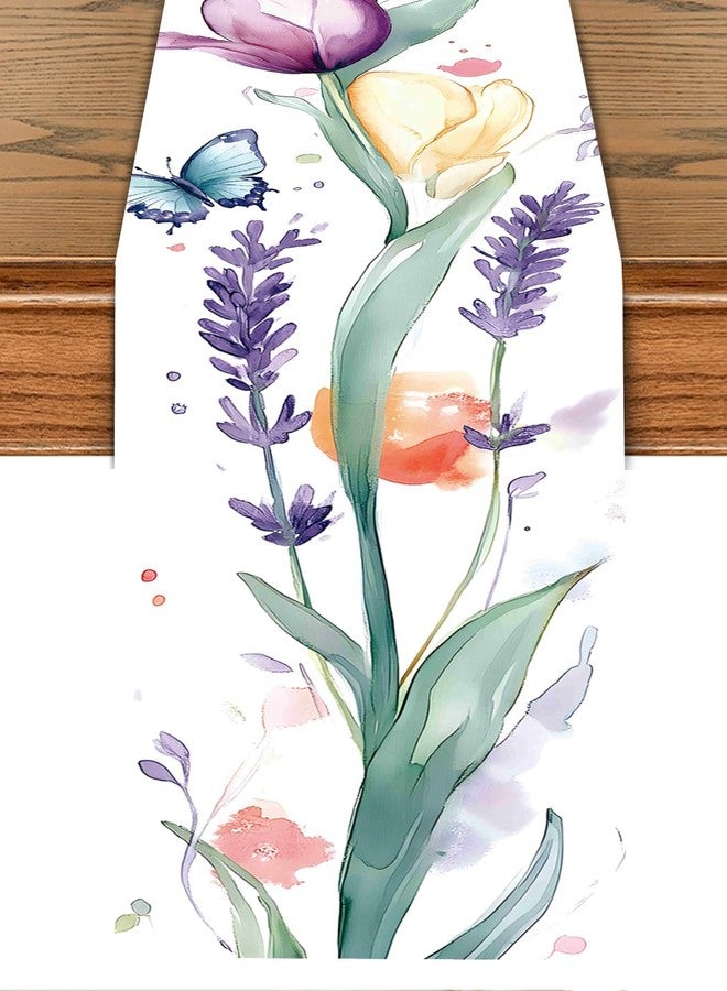 THISFIND Elegant Hand-Painted Watercolor Floral Table Runner – Spring Tulip & Lavender Design with Butterflies – Soft, Romantic Dining Table Decor - Image 1