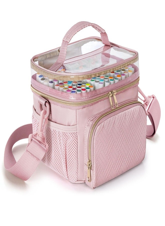 Rexmica Marker Organizer Case for 100 Markers, Marker Storage Organizer Bag with Divider and Shoulder Strap, Marker Travel Carrying Case with 3 Pockets, Pink (Patented Design) - Image 1