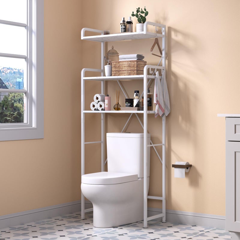 Huhote Over The Toilet Storage Rack with 3Tier Bathroom Shelves Space Saver Toilet Shelf Bathroom Storage Organizer with Hooks for Over Toilet Storage and Bathroom Shelf White Faux Marble