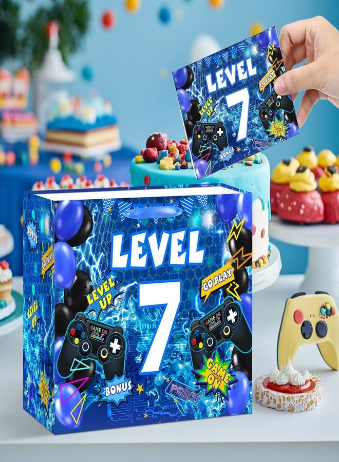 LUUFILx Video Game 7th Birthday Gift Bags Blue Gamer 7th Birthday Gift Wrapping Bag Swith Handle Gaming Level Up 7 Goody Bag with Tissue Paper and Greeting Card for Boys Girls 7 Years Old Party Decor ﻿ - Image 2