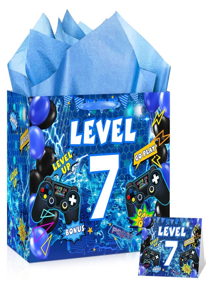 LUUFILx Video Game 7th Birthday Gift Bags Blue Gamer 7th Birthday Gift Wrapping Bag Swith Handle Gaming Level Up 7 Goody Bag with Tissue Paper and Greeting Card for Boys Girls 7 Years Old Party Decor ﻿ - Image 1